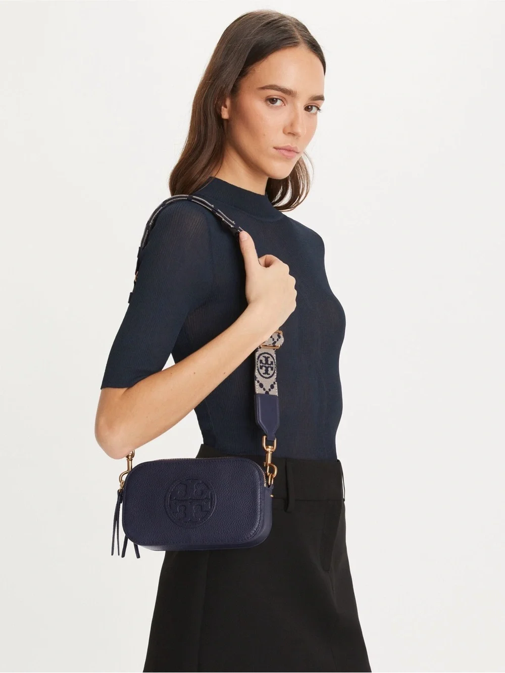 TORY BURCH Mini Miller Crossbody Bag Navy Blue Pebbled Leather